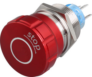 Nouzový vypínač, 22mm, 5A, 250V, kolíková svorka, IP67, červená hliniková hlava (1NO/1NC)