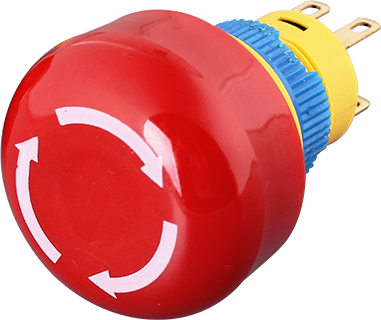 Nouzový vypínač, 16mm, 5A, 250V, kolíková svorka, červená plastová hlava, IP65 (1NO / 1NC)
