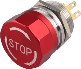 Nouzový vypínač, 19 mm, kolíková svorka, červená hliníková hlava (šipka+STOP), tělo z nerezové oceli, IP65 (1NO/1NC)